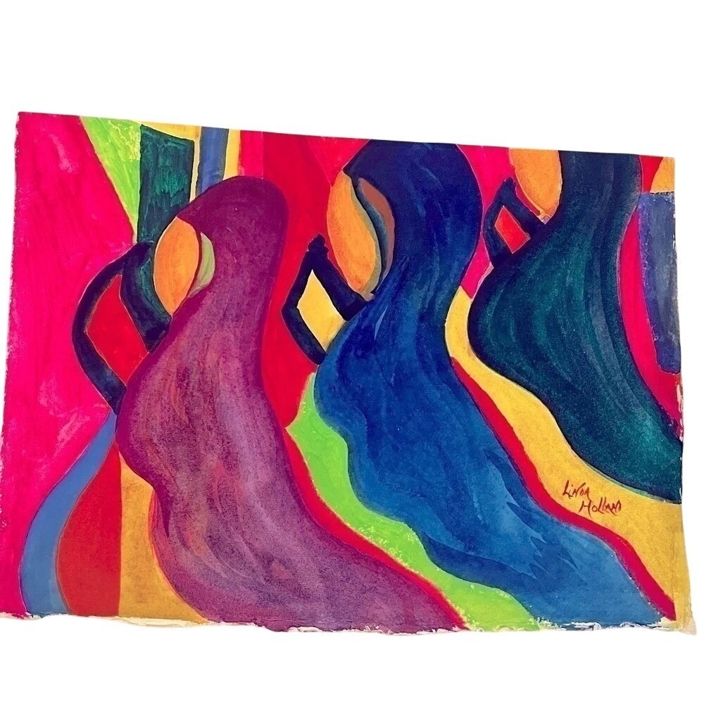 Original Watercolor Painting Abstract Figures Colorful Deckle Edge Unframed